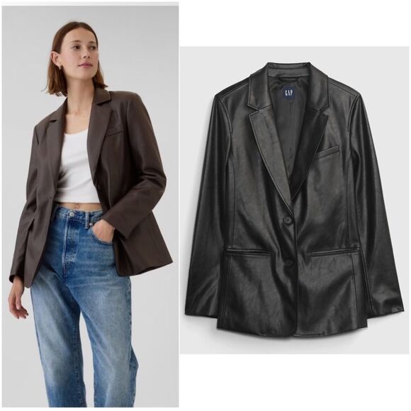 S O L D : Gap Vegan Leather Blazer Black Size Large Womens - Picture 1 of 13